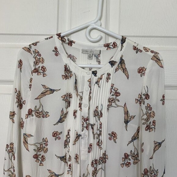 Pale Sky Top Blouse Women XS Hummingbird Floral Tunic Rayon Long Sleeve - Picture 2 of 12